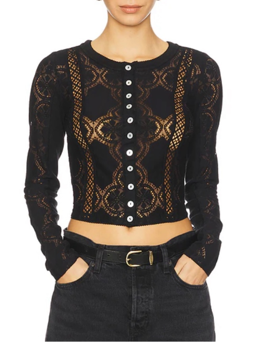 Free People NWT Jae Lace Top Medium Black Long Sleeves Button Front Knit